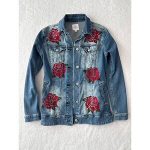 LulaRoe Denim Jacket Rose Embroidery Size Small Long Sleeve Shacket Y2K Style